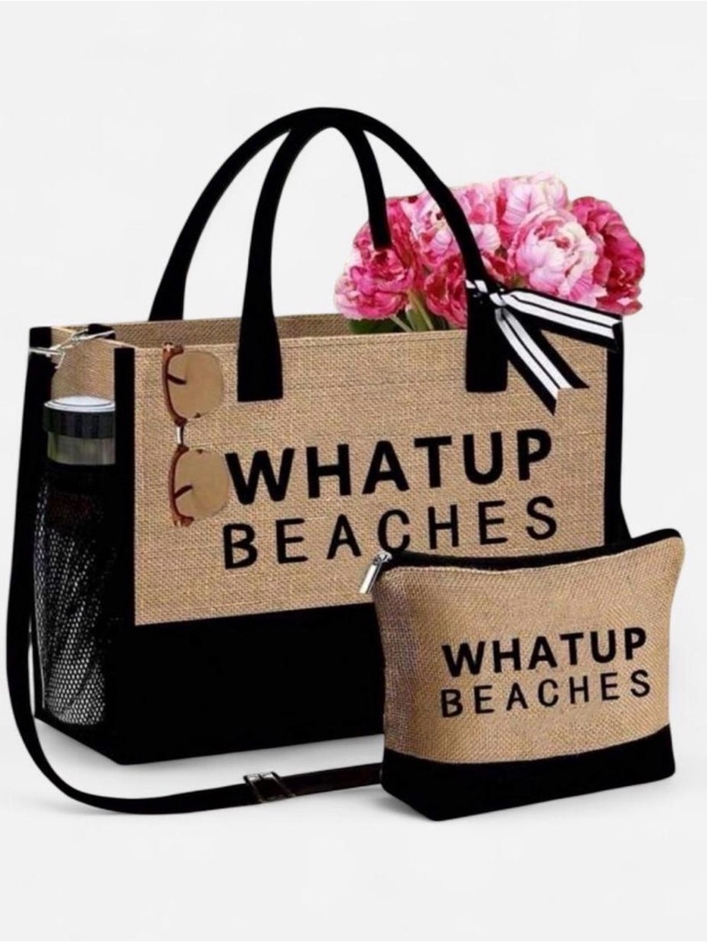 Straw Tote Bag and Pouch Set - Black Trim